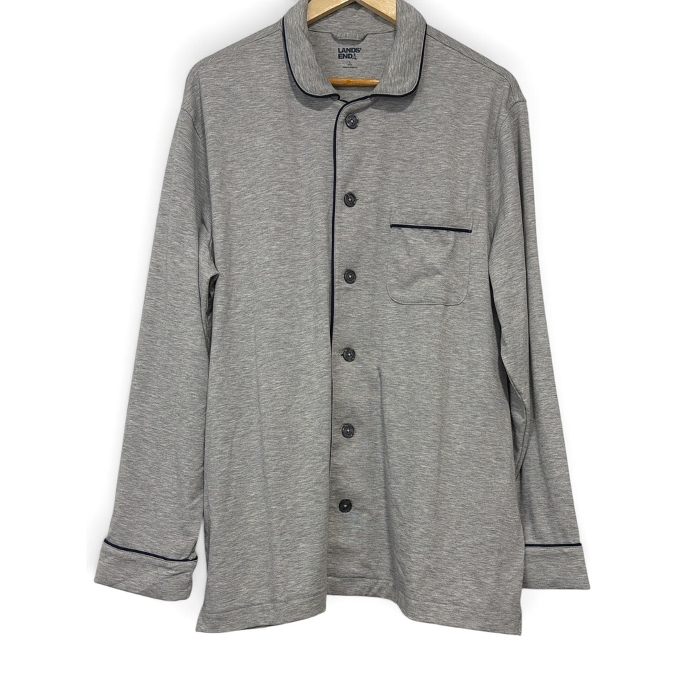Lands End Mens Pajama Top Gray Knit Long Sleeve Button Up Shirt L NWOT